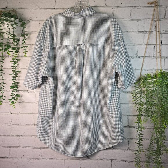 GANT LINEN BLEND MENS SHORT SLEEVE BUTTON DOWN BLUE WHITE CHECKED SIZE LARGE - Picture 6 of 7